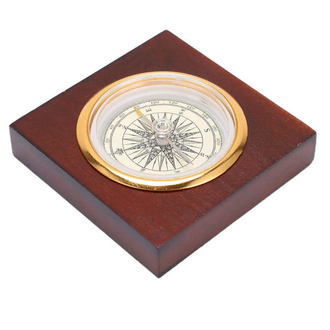 Vintage Compass With Wooden Box For Camping Hiking Fishing And Mountaineering Aluminum Alloy Construction classic gold-rimmed compass on wood base
