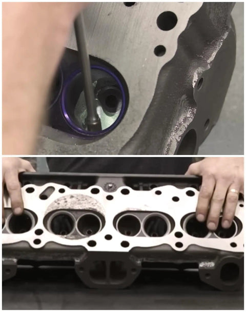 Using Ten Piece Long Carbide Burr Set with One Eighth Inch Shank for Dremel Die Grinder on engine cylinder head.