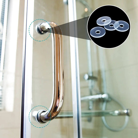 Clear Vinyl Shower Door Handle Washers 10 Pack Heavy Duty Spacers For Glass Doors And Towel Bars Built Different No Fuss Quick Install Top Shelf Quality Guaranteed installed on a bathroom glass door handle.