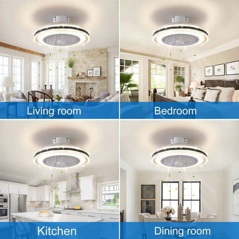 Bladeless Ceiling Fan With Lights And Remote, 21 Inch Flush Mount, installed in living room, bedroom, kitchen, dining room.