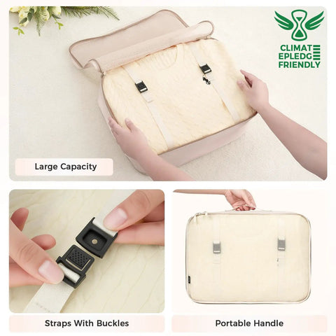 Eight Piece Packing Cubes Set For Travel Luggage Organizers In Cream with straps, buckles, and portable handle visible