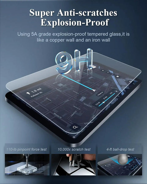 Top Shelf HD Tempered Glass Screen Protector For 2027 Rivian R2 15.6 Inch Center Console Touchscreen displayed with scratch resistance test details.