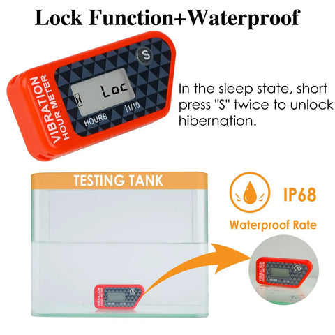 Durable Vibration Hour Meter For Small Engines Red IP68 Waterproof Tracks Run Time With Non Resettable Total Hours And Resettable Job Timer No Wire Vibration Monitoring For Heavy Duty Equipment, red vibration meter in waterproof test tank