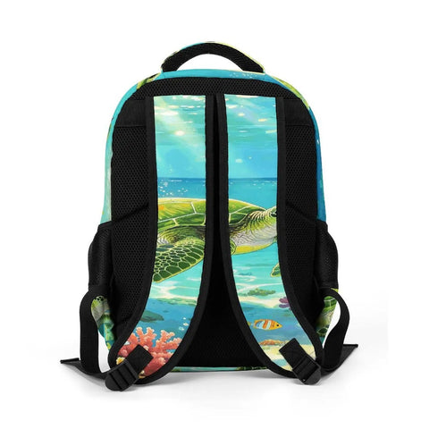 Back of Coral Reef Sea Turtle Print Unisex Backpack Large Capacity Durable Polyester Daypack with padded straps.