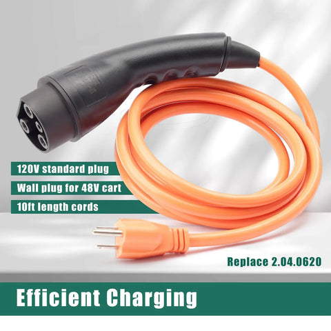 120V Three Pin Golf Cart Charging Power Cord Replacement Tailored Fit For Evolution Icon EV Fleet No Fuss Wall Setup Smooth Operator Charging with orange cord and standard plug.