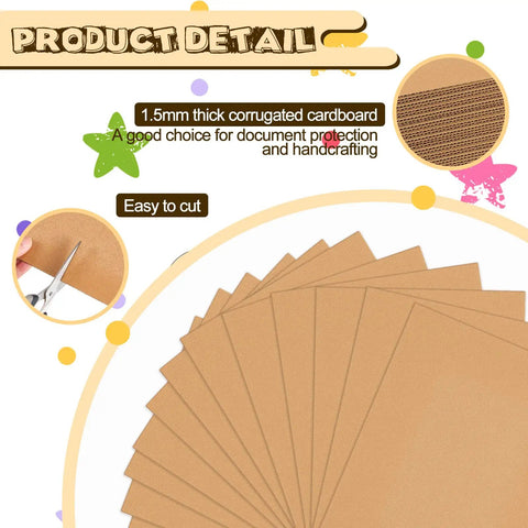 110 Pack 11 x 8.5 Inch Corrugated Cardboard Sheets for Shipping and Crafting shown fanned out with detail of thickness and cutting ease.