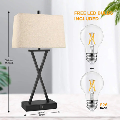 Set Of 2 Touch Control 3-Way Dimmable Table Lamps With USB Ports And Fabric Shade, Cream Finish, bulbs displayed