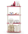 Turn-N-Tube 4-Tier Corner Storage Shelves With Toolless Open Design, Space-Saving Book Organizer For Living Room, Bedroom, Entryway, Hallway, And Laundry, Easy Assembly Without Tools, Soft Pink Finish, Wide Shelves For Books Decor And Baskets, 4-tier shelf with towels and baskets