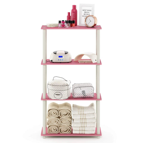 Turn-N-Tube 4-Tier Corner Storage Shelves With Toolless Open Design, Space-Saving Book Organizer For Living Room, Bedroom, Entryway, Hallway, And Laundry, Easy Assembly Without Tools, Soft Pink Finish, Wide Shelves For Books Decor And Baskets, 4-tier shelf with towels and baskets
