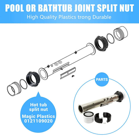Diagram of hot tub split nut union and parts for 2 inch heater assembly replacement fits Balboa Gecko spa heaters durable connection