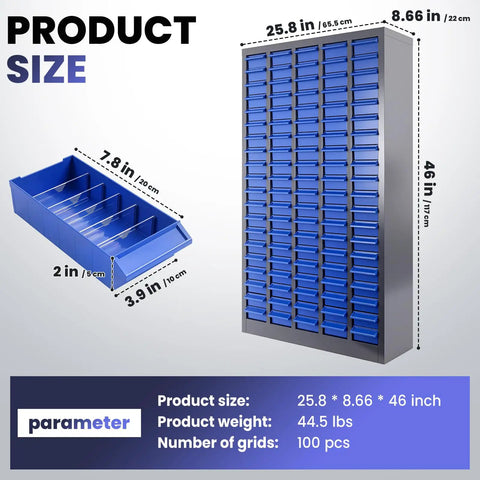 Beefy Heavy Duty 100 Drawer Nut And Bolt Organizer Cabinet With Dividers And Labels, 26 Inch By 9 Inch By 46 Inch Steel Frame Tool Cabinet