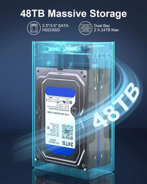 Heavy Duty Two Bay Hard Drive Enclosure For 2.5 And 3.5 Inch Sata Hdd Ssd Supporting Up To 48Tb with visible drives in clear casing.