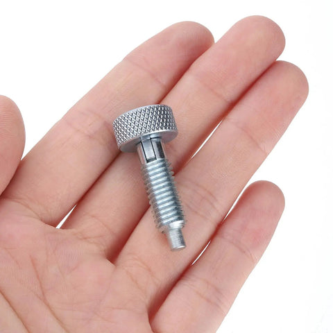 Built Tough M8x1.25 Spring Plunger With Knurled Grip Handle And 4mm Detent Pin Chrome Plated Rust Resistant Carbon Steel Quick Release Tool Hardware Two Pack held in hand.