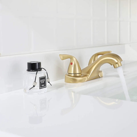 Two-Handle Bathroom Sink Faucet in Brushed Gold with Metal Push and Seal Pop-Up Drain, Included Supply Hose, Lead-Free, cUPC NSF 61 Certified