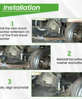 Installation steps for Heavy Duty Golf Cart Shock Absorber Extension Rod Pair Fit For Ezgo Club Car Lift Kits shown on shock mount.