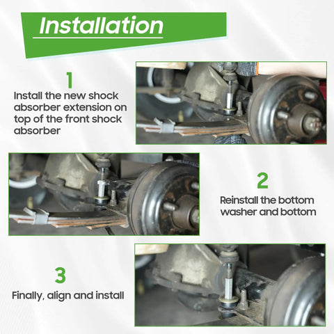 Installation steps for Heavy Duty Golf Cart Shock Absorber Extension Rod Pair Fit For Ezgo Club Car Lift Kits shown on shock mount.