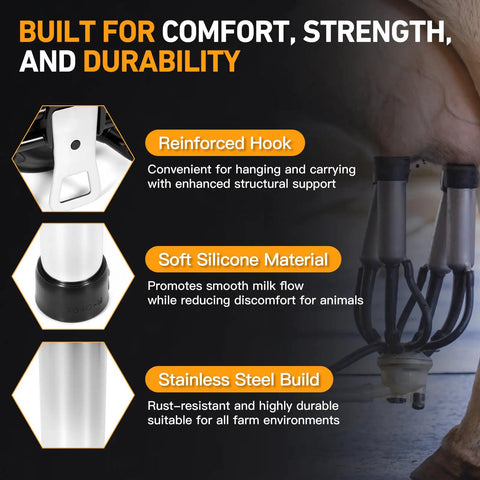 Features of Pro Grade Cow Milking Cluster With 4 Teat Cups 240cc Milk Claw for Vacuum Pump; reinforced hook, silicone, steel build