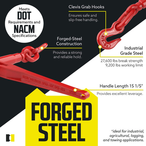 Heavy Duty Built Tough Ratcheting Chain Binder Set For Secure Tie Downs Fits Five Sixteenths To Three Eighths Inch Chain 9200 LB Working Load Limit Pack Of Four Forged Steel Handle And Cam And Pawl Design For Smooth Operation infographic with clevis grab hooks and specifications.