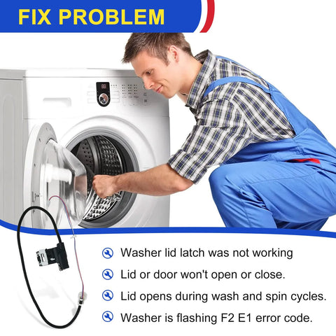 Washer lid lock switch assembly with wiring harness for front-load washing machine (black plastic).