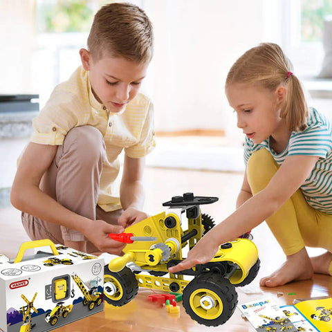 Children building with 10 In 1 Stem Toys Set For Kids Ages 4 5 6 7 8 9 Plus Hands On Building Blocks Kit with engineering models.