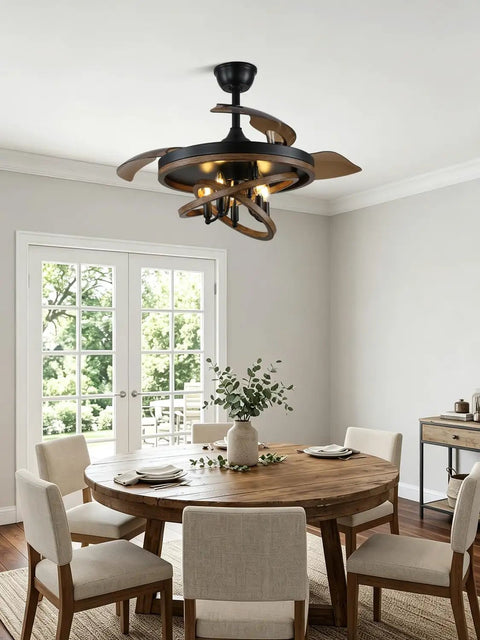 Bella Depot 42" Rustic Retractable Ceiling Fan with Lights and Remote above a dining table in a bright room.