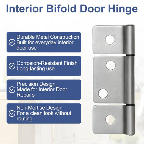 Built Tough Three Leaf Hinges Satin Nickel With Flush Screws For RV Mobile Home Bifold Closet Doors No Fuss Non Mortise Setup Smooth Operation Premium Hardware 10 Pack close-up of hinge with durable metal construction.