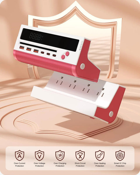 Heavy Duty 10 Port Power Strip With Smart Digital Display And A Rock Solid 5 Ft Extension showing AC plugs and USB ports.
