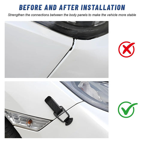 Before and after installation of Bombproof Carbon Fiber Bumper Clip Hasp Quick Release Auto Fastener Locks for snug body panels.