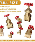 Brass gate valve set with red wheel handles; multiple sizes, 1/2 in NPT female x female for water, oil, gas.