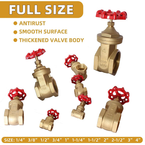 Brass gate valve set with red wheel handles shown in various angles (1/4 to 4 in) for water, oil and gas plumbing