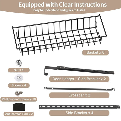 Eight Tier Pantry Door Organizer In Black Super Sturdy Over The Door Storage Bins parts including baskets, brackets, screws, and nuts.
