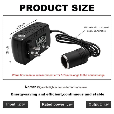 Heavy Duty Plug And Play AC To DC Converter With Solid Car Cigarette Lighter Adapter showing product size and specifications.