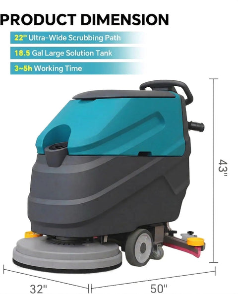 Cordless Walk-Behind Commercial Floor Scrubber Pro with 22 inch scrubbing width and 33 inch squeegee suction, 18.5 gallon tank.