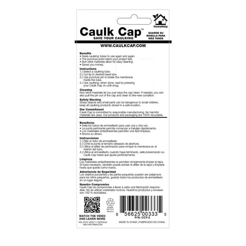 Back packaging of Reusable Caulk Tube Cap With Built In Puncture Pin 2 Pack showing benefits and instructions.