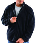 Man wearing a black fleece jacket with zip closure, standing against a white background.