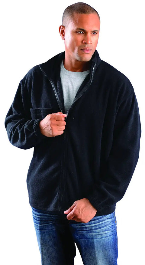Man wearing a black fleece jacket with zip closure, standing against a white background.