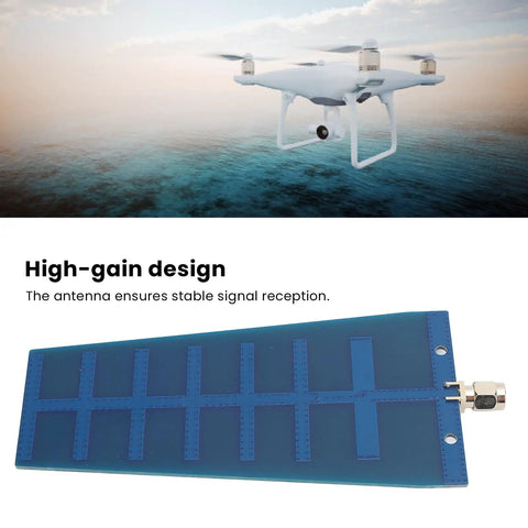 Dual Band WiFi Yagi Antenna For FPV Drones, 2.4GHz 12dBi And 5.8GHz 3dBi High Gain Directional PCB Antenna with drone in background.