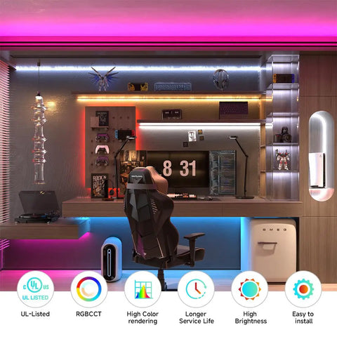 Deskscape with Five Color In One LED Strip Lights With RGBWW And RGB CCT Tunable White From 2700K To 6500K Dimmable 16.4ft