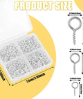 Three Styles Mini Screw Eye Pins Set 720 Pcs Silver Eye Screws for DIY Crafts in plastic box, showing various screw sizes with measurements.