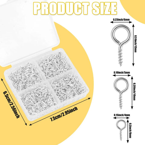 Three Styles Mini Screw Eye Pins Set 720 Pcs Silver Eye Screws for DIY Crafts in plastic box, showing various screw sizes with measurements.