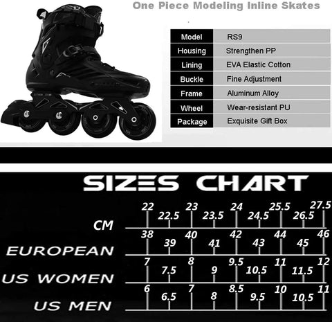 Unisex Inline Skates For Adults And Youth, Black Comfort Rollerblades with size chart and material details