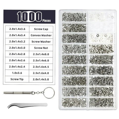 Rock Solid Stainless Steel Watch Screws And Nut Assortment With Precision Screwdriver Set For Micro Glasses Repair and Watchmaking Quick Fixes, 1000 pieces kit.