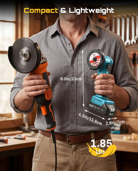 Person holding Cordless Mini Angle Grinder 3 Inch Brushless, comparing size with larger grinder, emphasizing lightweight design.