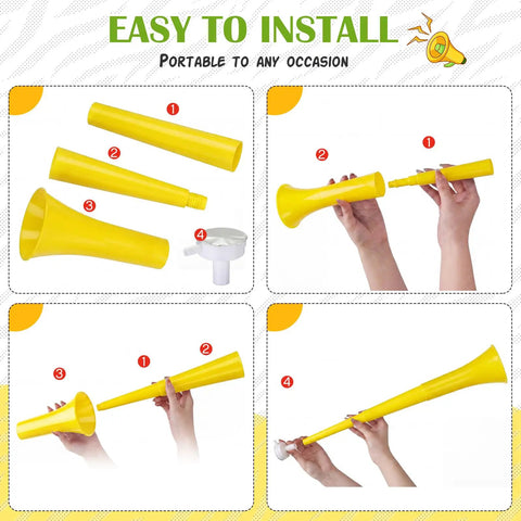 Steps to assemble Six Pack Vuvuzela Stadium Horns 21 Inch Collapsible Plastic Trumpet Noisemakers in yellow color