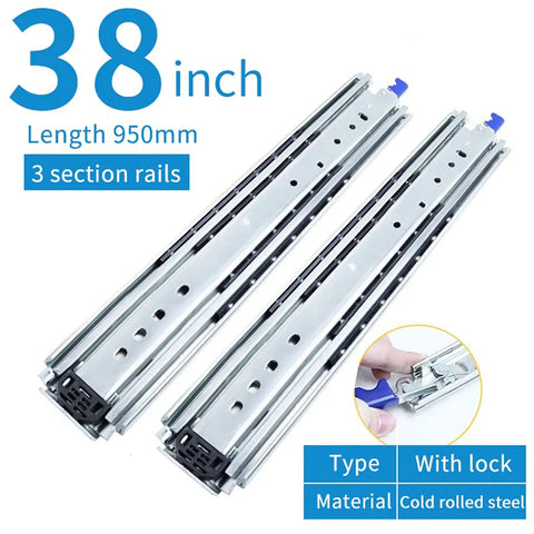 Killer Heavy Duty Three Section Drawer Slides One Pair with lock, 38 inches, cold rolled steel, for cabinets and storage.
