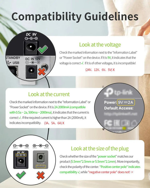 Universal 9V 2A Power Adapter With 11 Interchangeable DC Tips, 100V-240V Worldwide Input, 5.5x2.1mm Barrel, Positive Center, Delivers 18W For 0.1A-2A Devices, Fits Cameras, Small Electronics, And Home Gear. Compatibility guide