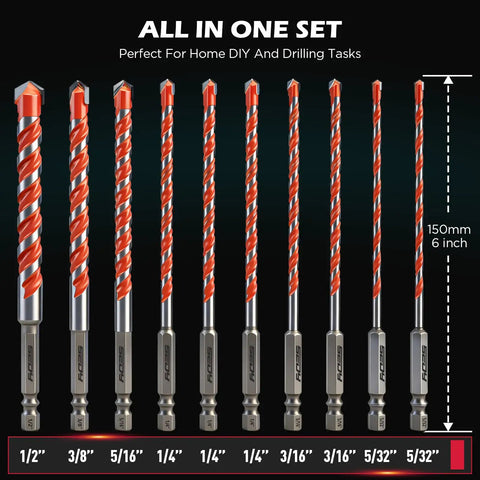 Go-To 10-Piece Masonry Drill Bit Set With 6-Inch Carbide Tipped Bits And Hex Shank showing various sizes for versatile drilling