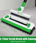 Long Handle Floor Scrub Brush With 3 In 1 Scraper Squeegee And Stiff Bristle Deck Brush For Cleaning Tile Bathroom Patio Deck Garage Grout Kitchen Indoor Use shown on tile floor