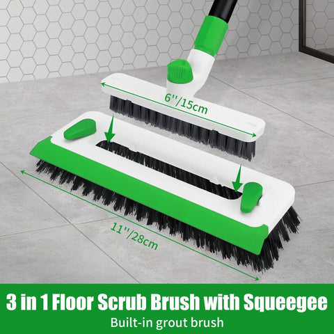 Long Handle Floor Scrub Brush With 3 In 1 Scraper Squeegee And Stiff Bristle Deck Brush For Cleaning Tile Bathroom Patio Deck Garage Grout Kitchen Indoor Use shown on tile floor