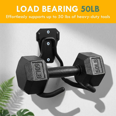 Heavy Duty Garage Hooks 4 Pack Wall Mount Rubber Coated Utility Hooks holding 50 lb dumbbell